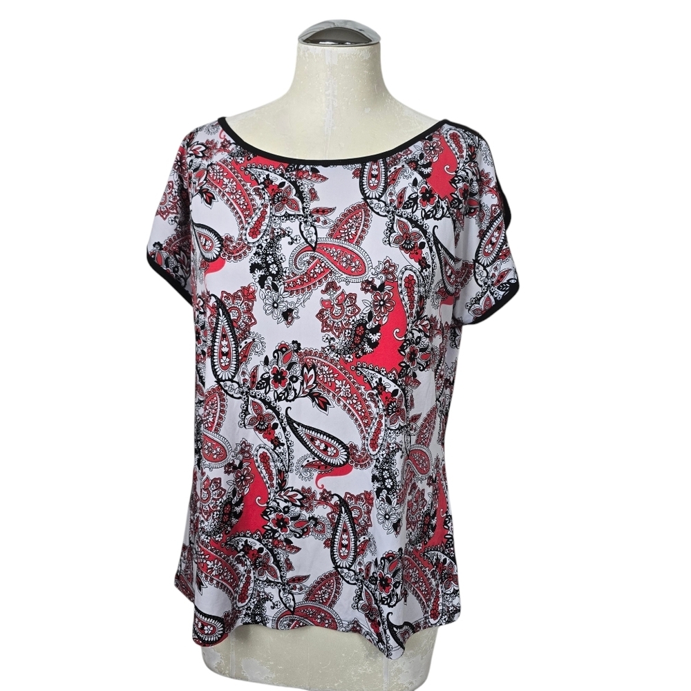 Diana Belle Black Red Paisley Cold Shoulder Top M